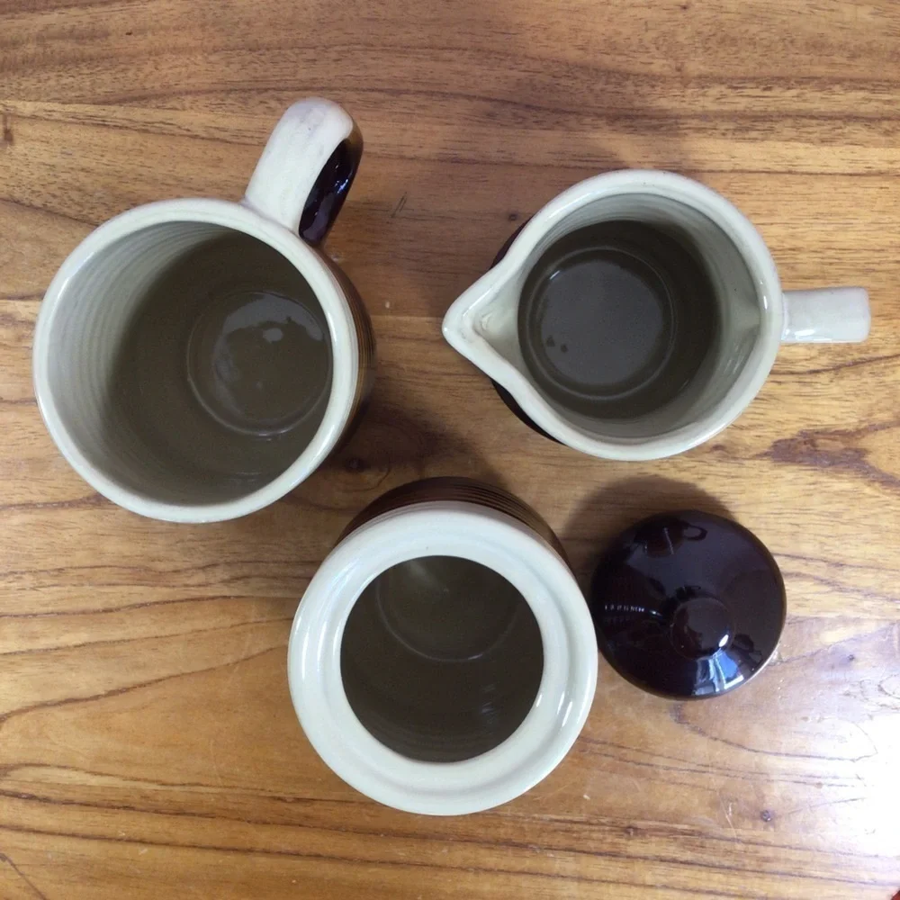 Vintage Three Tone Brown Ribbed Stoneware Covered Sugar Creamer Mug Set